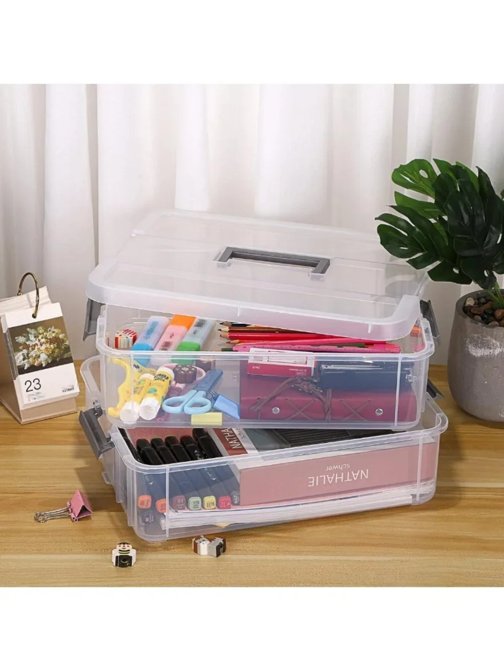 Clear Stackable 2-Tier Storage Containers with Handle | Craft & Office Organizer